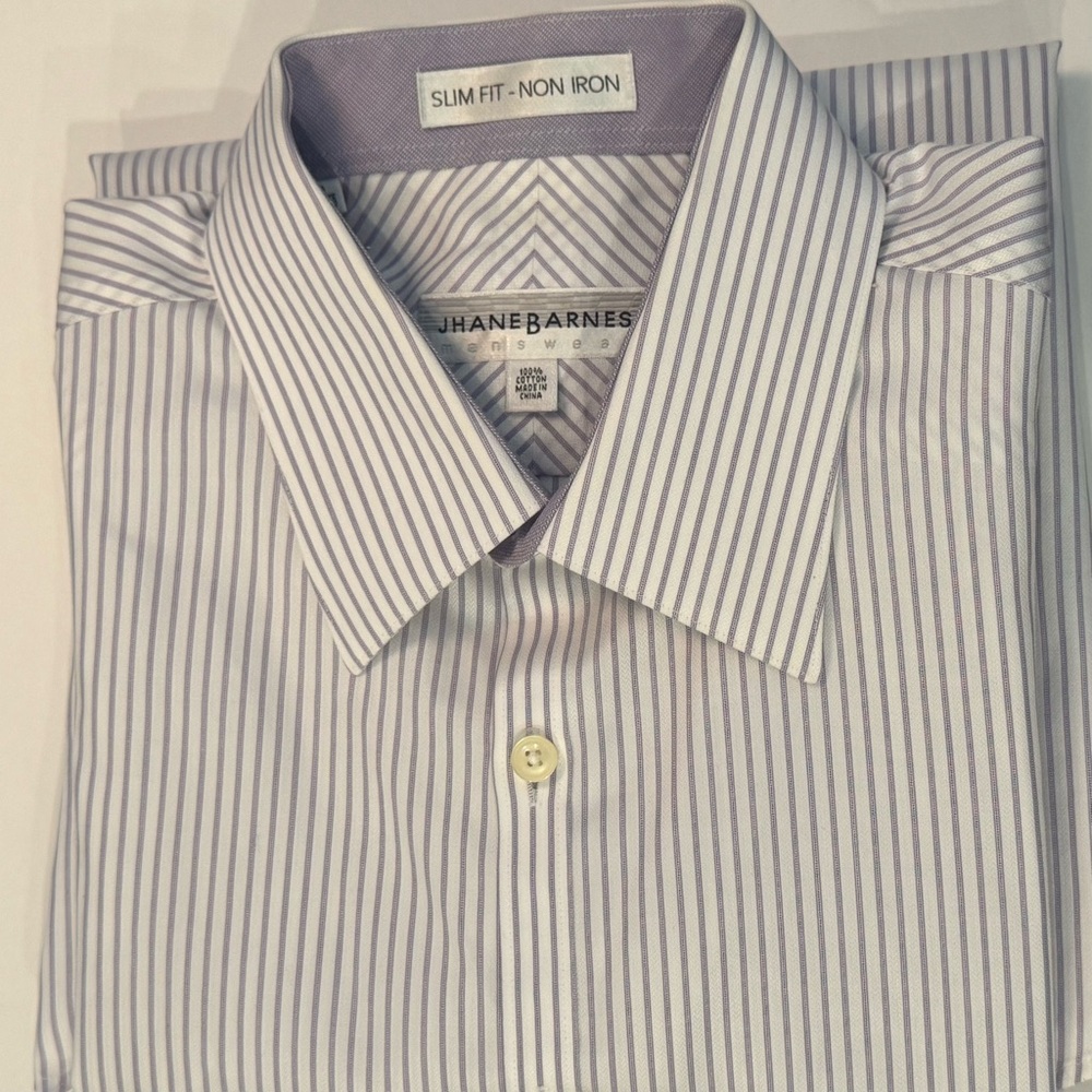 Jhane Barnes Mens 16 32/33 White Purple Striped Long Sleeve Non Iron Dress Shirt
